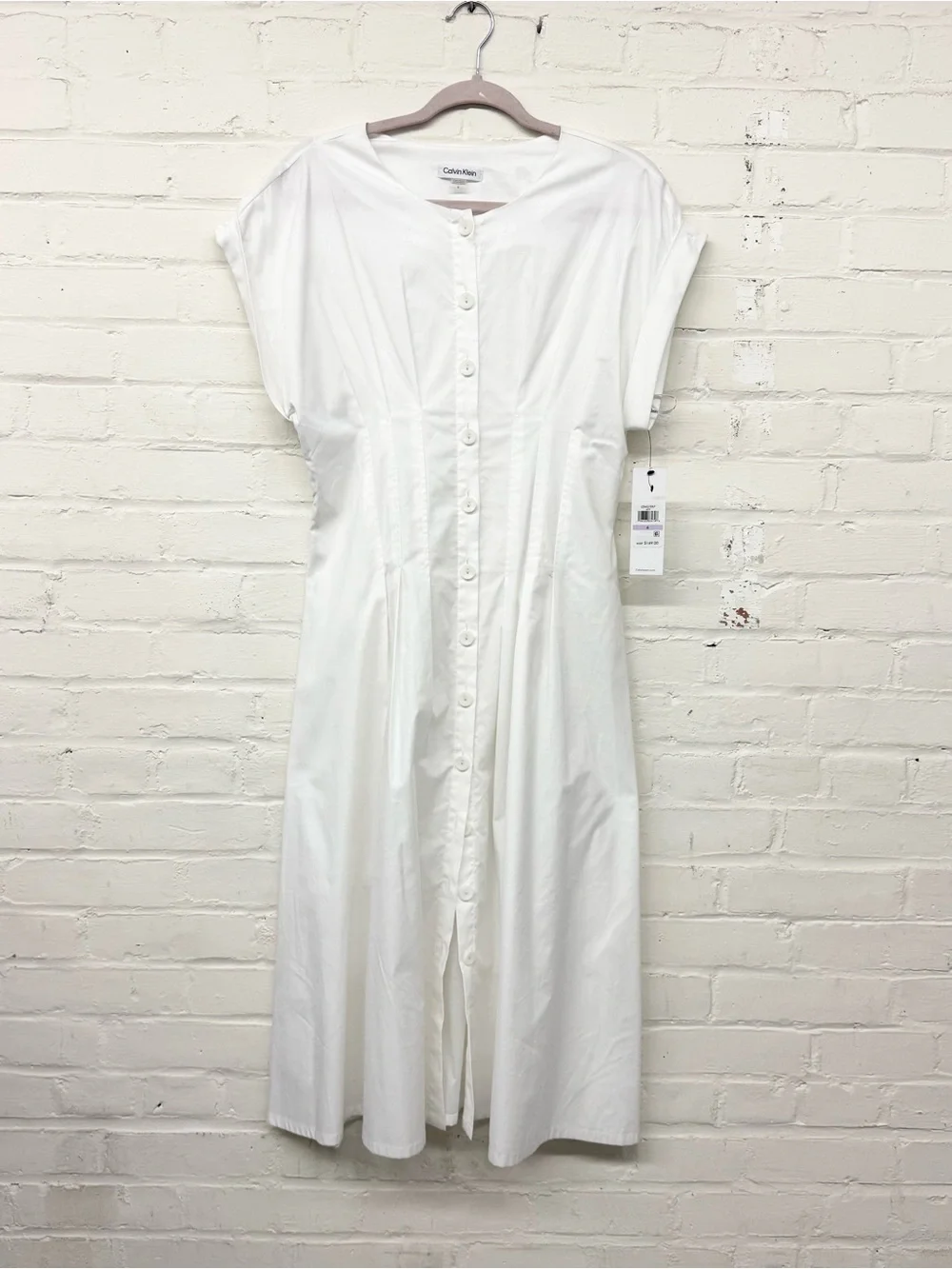 NWT Calvin Klein White Pintuck Fit and Flare Button Down Midi Dress Size 6
